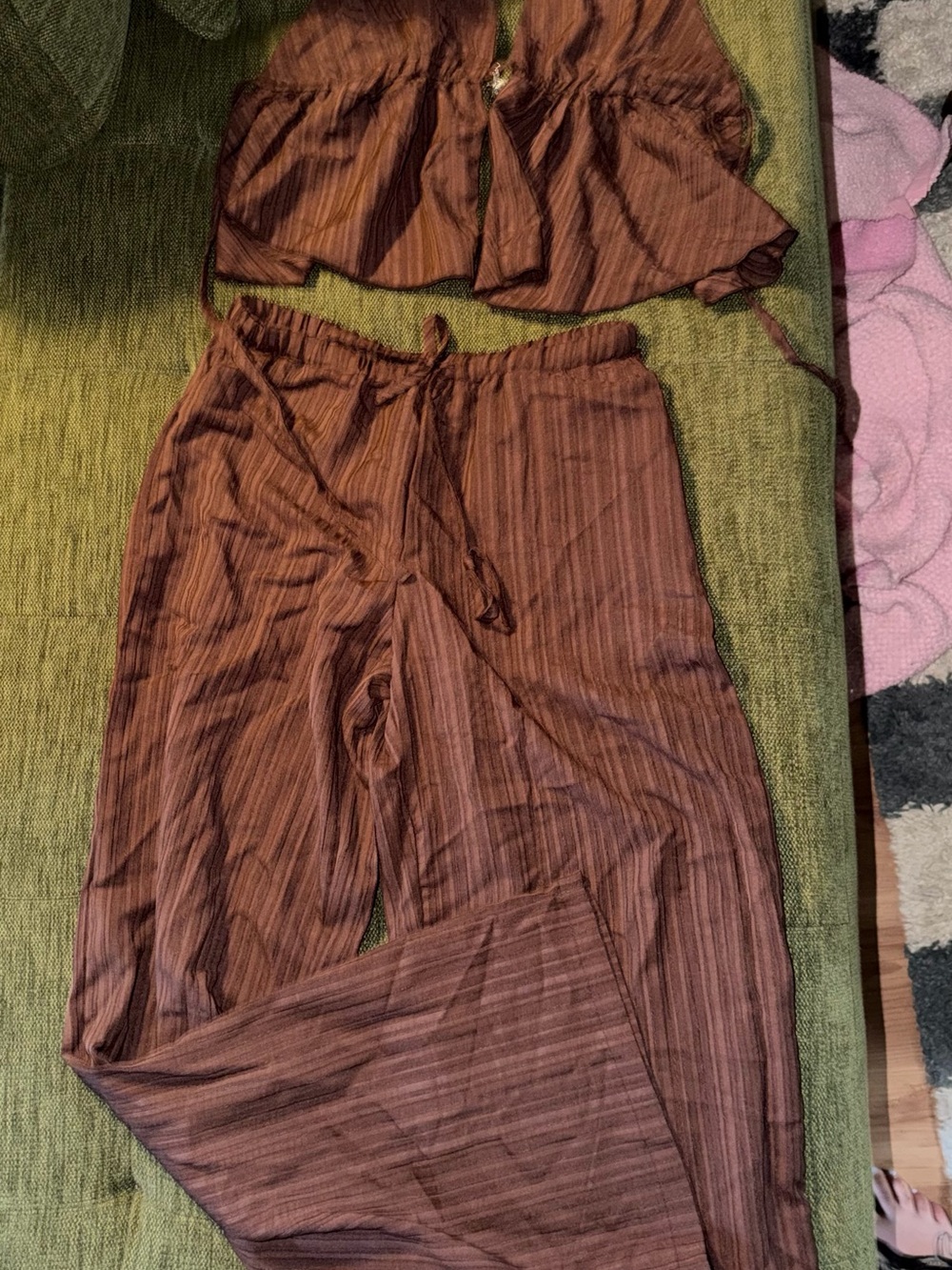 Women's Brown Striped Drawstring Pants and Tank Top- Stylish Casual Wear